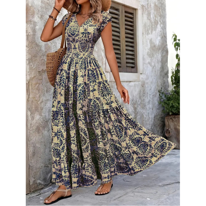 Damen Maxikleid mit V-Ausschnitt, Blumenmuster und geraffter Taille