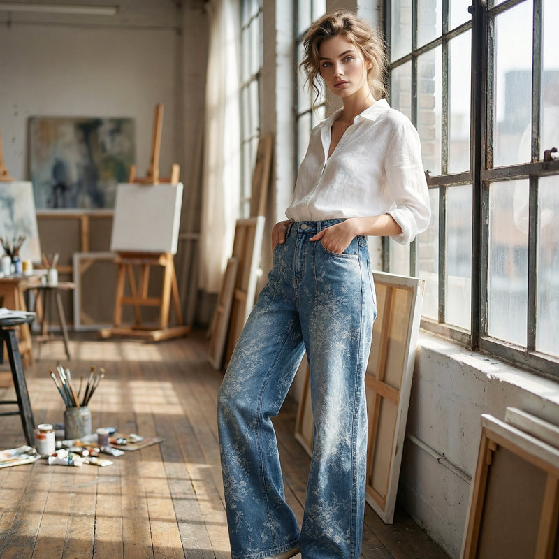 Damen Jeans mit Blumen-Jacquard & weitem Bein