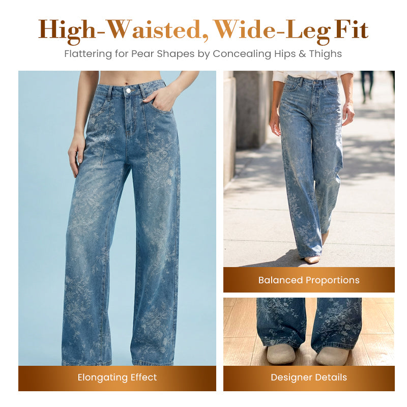 Damen Jeans mit Blumen-Jacquard & weitem Bein