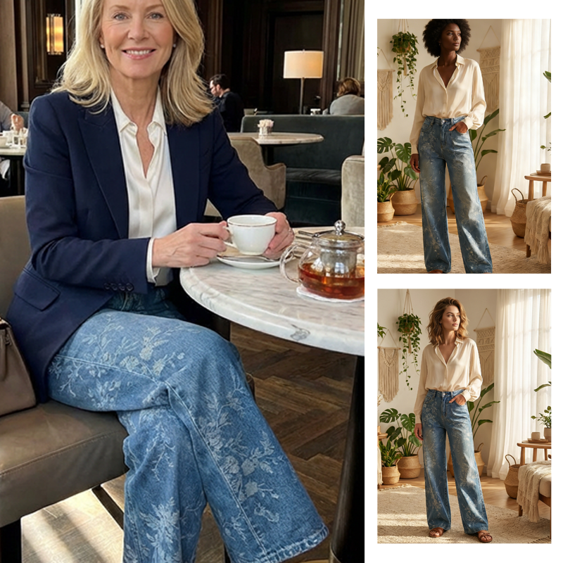 Damen Jeans mit Blumen-Jacquard & weitem Bein