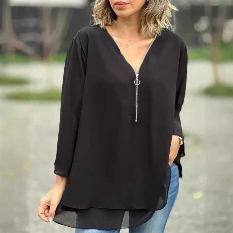 👚✨ Damen 2-lagiges 3/4-Arm Top – V-Ausschnitt mit verstellbarem Reißverschluss