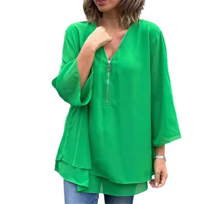👚✨ Damen 2-lagiges 3/4-Arm Top – V-Ausschnitt mit verstellbarem Reißverschluss