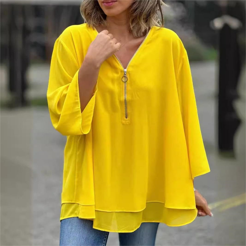 👚✨ Damen 2-lagiges 3/4-Arm Top – V-Ausschnitt mit verstellbarem Reißverschluss