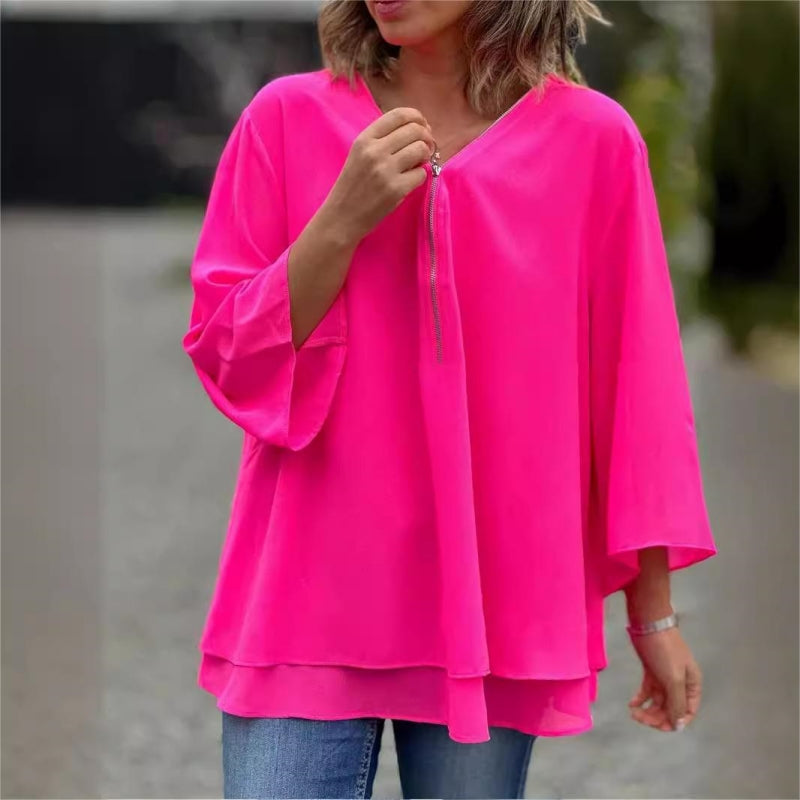 👚✨ Damen 2-lagiges 3/4-Arm Top – V-Ausschnitt mit verstellbarem Reißverschluss