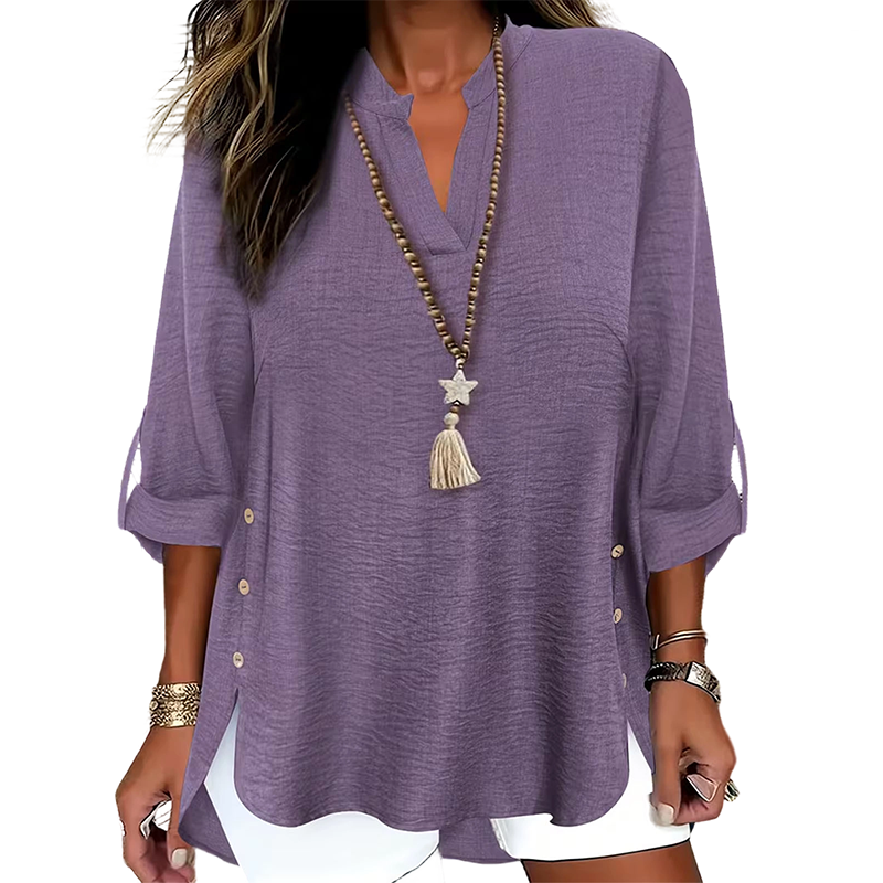 Lässiges einfarbiges Oberteil mit seitlichem Schlitz und Knöpfen