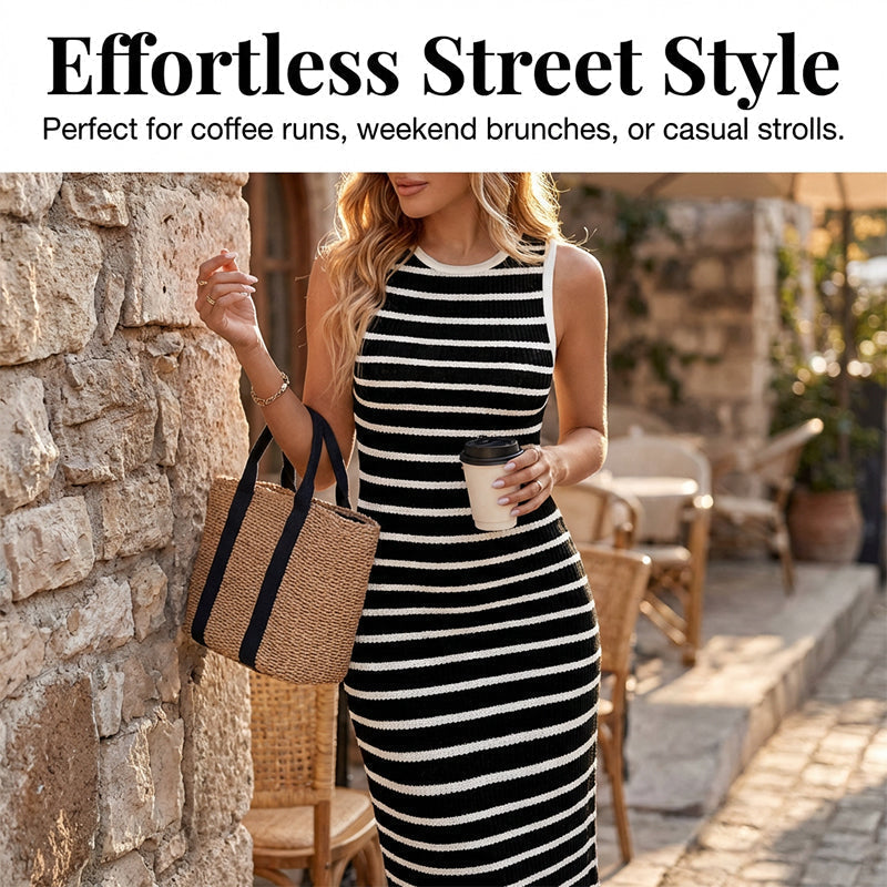 👗🌸 Damen Kleid mit Rundhalsausschnitt – Streifen-Design, Perfekt für den Frühling