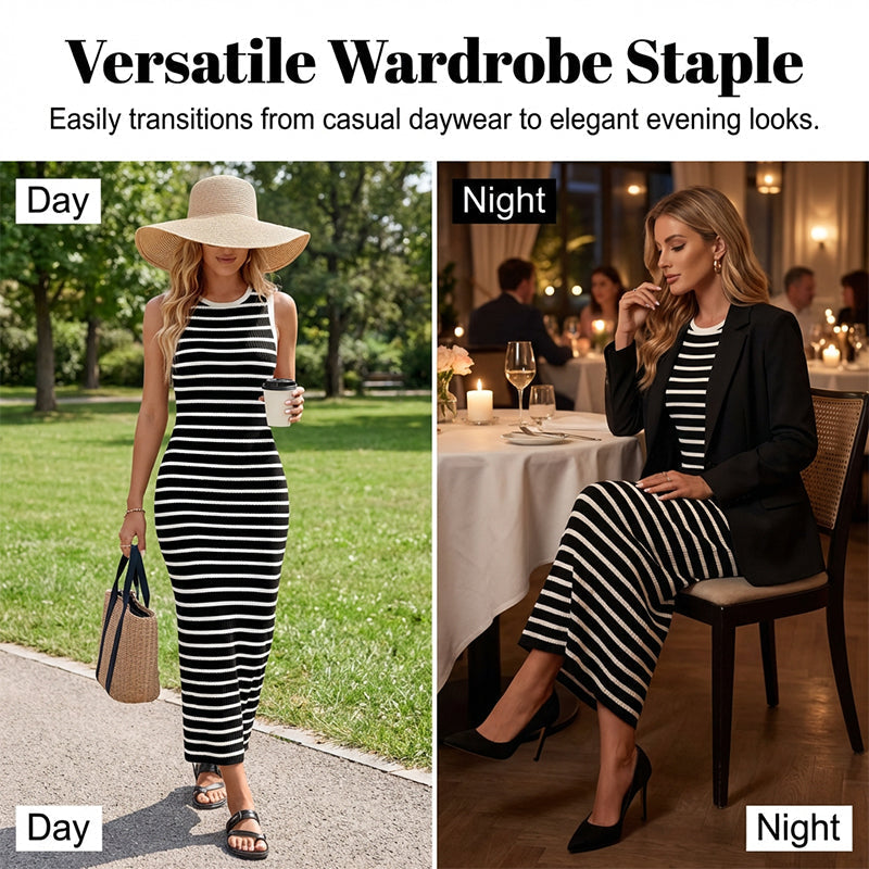 👗🌸 Damen Kleid mit Rundhalsausschnitt – Streifen-Design, Perfekt für den Frühling