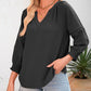 Damen-Casual-V-Ausschnitt-Shirt mit 3/4-Laternenärmeln, Falten, lockerer Hohlmuster-Bluse
