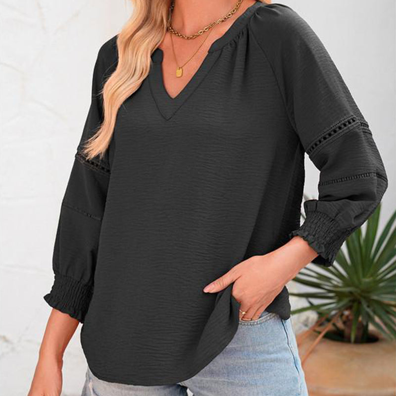 Damen-Casual-V-Ausschnitt-Shirt mit 3/4-Laternenärmeln, Falten, lockerer Hohlmuster-Bluse