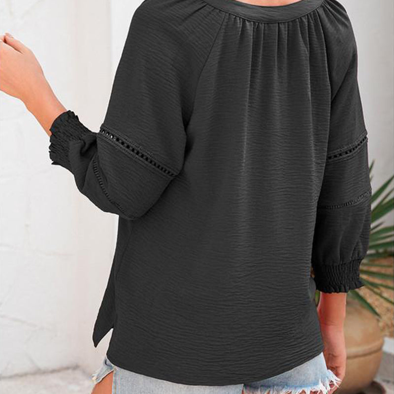 Damen-Casual-V-Ausschnitt-Shirt mit 3/4-Laternenärmeln, Falten, lockerer Hohlmuster-Bluse