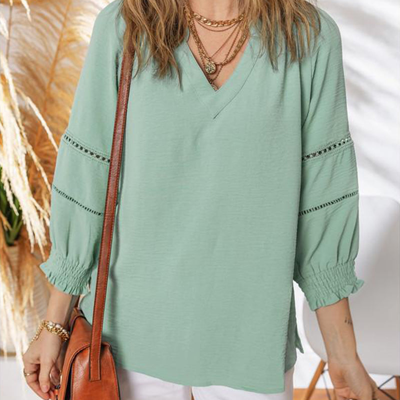 Damen-Casual-V-Ausschnitt-Shirt mit 3/4-Laternenärmeln, Falten, lockerer Hohlmuster-Bluse