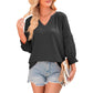 Damen-Casual-V-Ausschnitt-Shirt mit 3/4-Laternenärmeln, Falten, lockerer Hohlmuster-Bluse