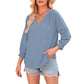 Damen-Casual-V-Ausschnitt-Shirt mit 3/4-Laternenärmeln, Falten, lockerer Hohlmuster-Bluse