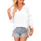 Damen-Casual-V-Ausschnitt-Shirt mit 3/4-Laternenärmeln, Falten, lockerer Hohlmuster-Bluse