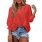 Damen-Casual-V-Ausschnitt-Shirt mit 3/4-Laternenärmeln, Falten, lockerer Hohlmuster-Bluse