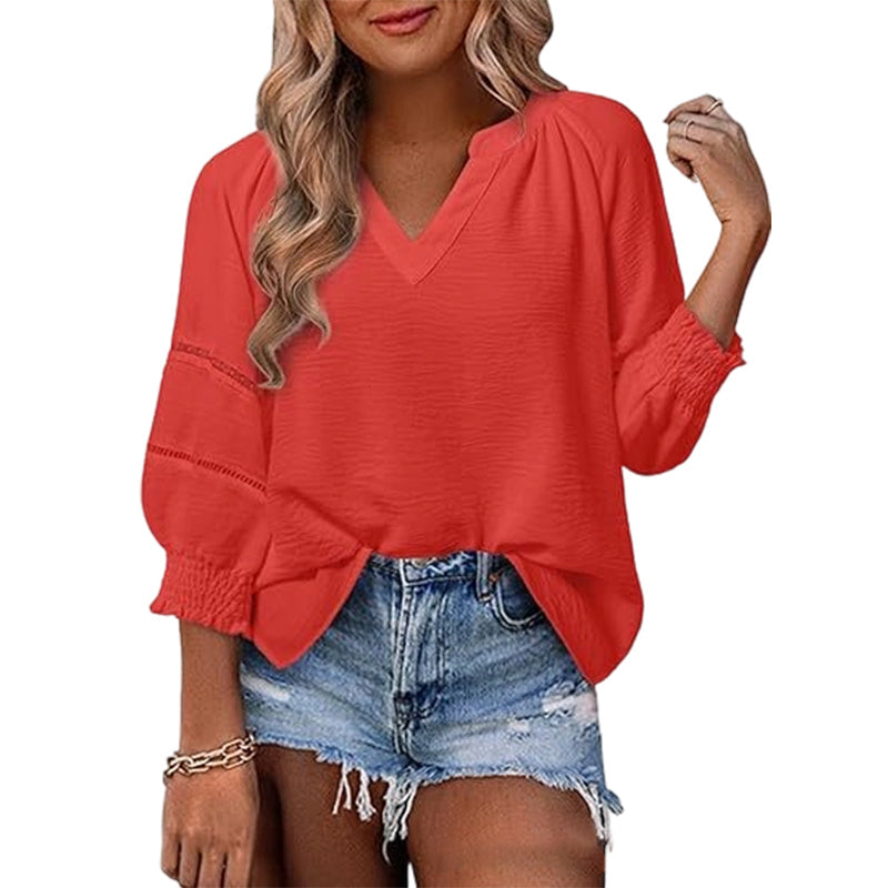 Damen-Casual-V-Ausschnitt-Shirt mit 3/4-Laternenärmeln, Falten, lockerer Hohlmuster-Bluse
