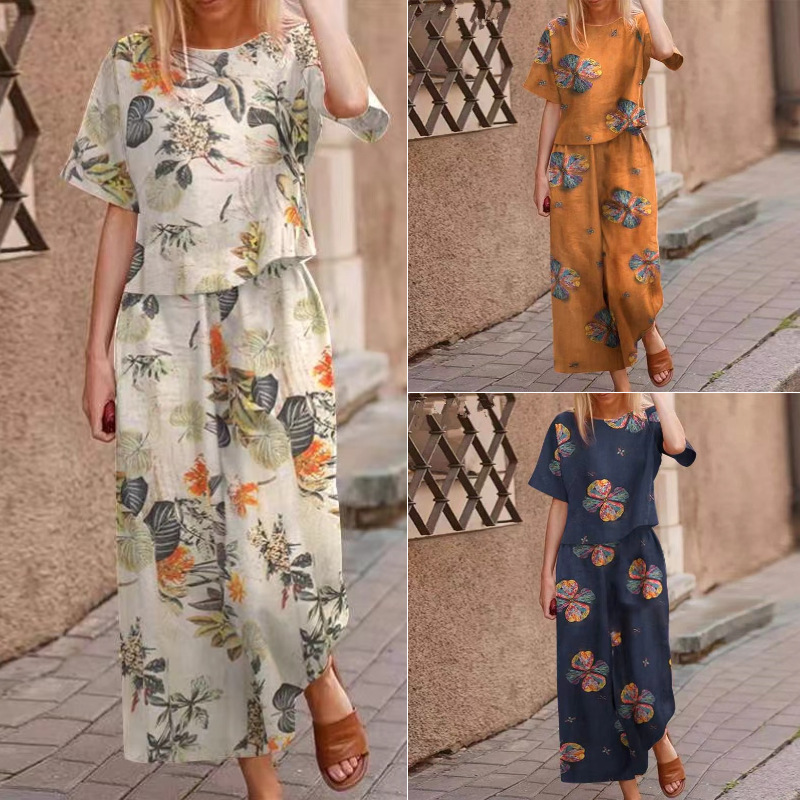2-teiliges Set aus locker geschnittenem bedrucktem Oberteil und Hose für Damen