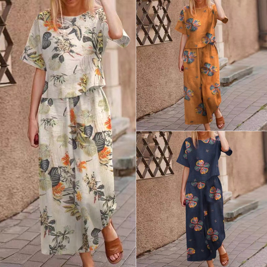 2-teiliges Set aus locker geschnittenem bedrucktem Oberteil und Hose für Damen
