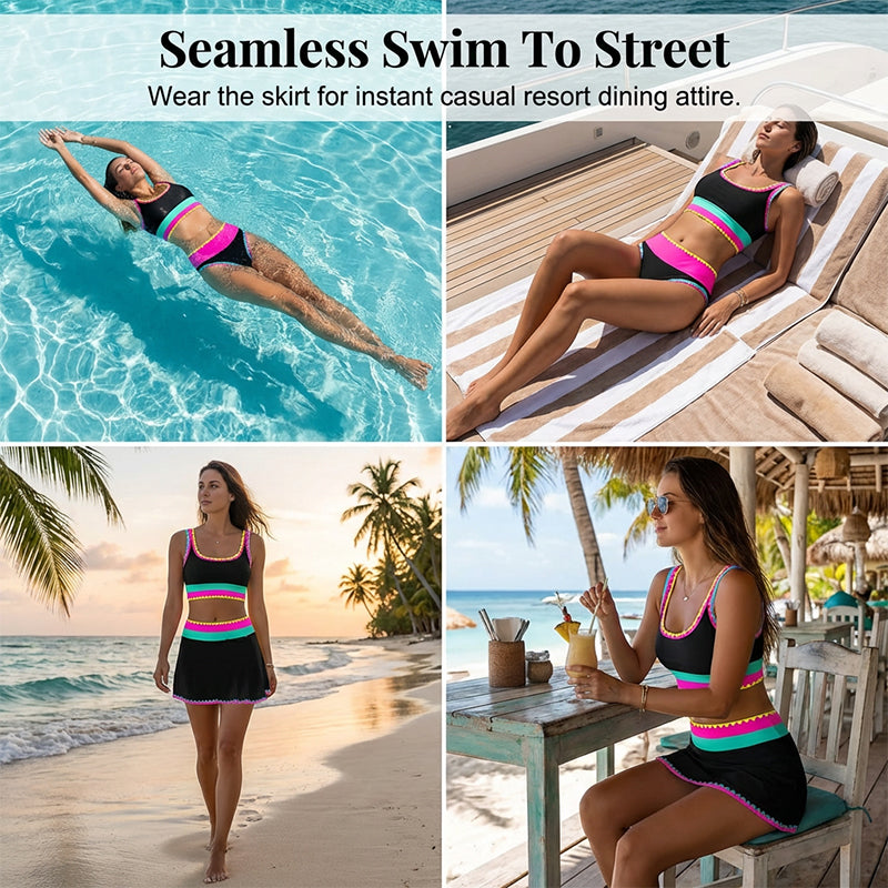 👙🌊 3-teiliges Damen Bikini-Set – Hohe Taille, Color-Block & Zickzack-Design für Strand & Urlaub