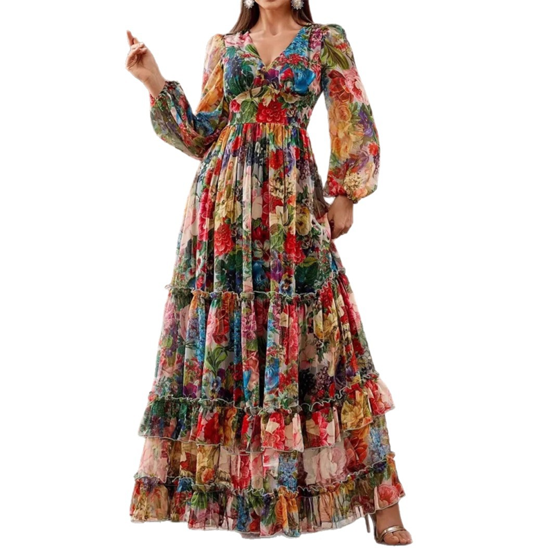 ⏳Nur für kurze Zeit: 50 % Rabatt⏰Romantisches Blumenkleid mit V-Ausschnitt und Laternenärmeln👗