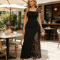 Damen Maxikleid mit Pailletten-Patchwork – Elegantes Design mit Schlitz