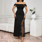 Damen Maxikleid mit Pailletten-Patchwork – Elegantes Design mit Schlitz
