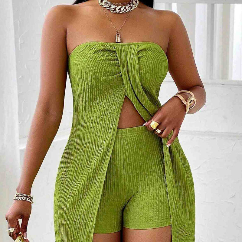 Women's Strapless Split Hem Top & Shorts 2-Piece Set