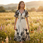 Elegantes botanisch bedrucktes V-Ausschnitt-Midikleid