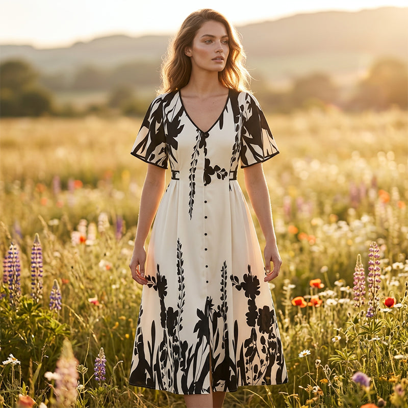 Elegantes botanisch bedrucktes V-Ausschnitt-Midikleid