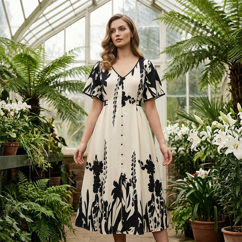 Elegantes botanisch bedrucktes V-Ausschnitt-Midikleid