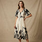 Elegantes botanisch bedrucktes V-Ausschnitt-Midikleid