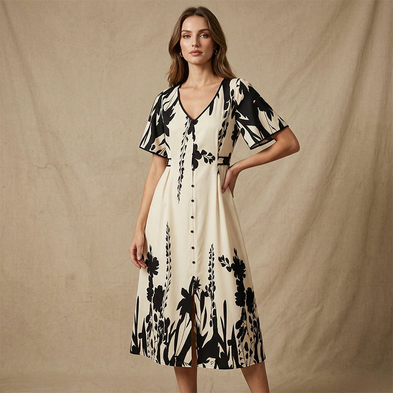 Elegantes botanisch bedrucktes V-Ausschnitt-Midikleid