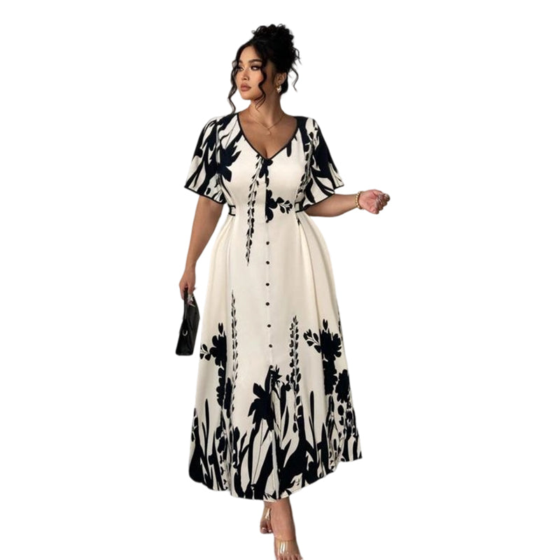 Elegantes botanisch bedrucktes V-Ausschnitt-Midikleid