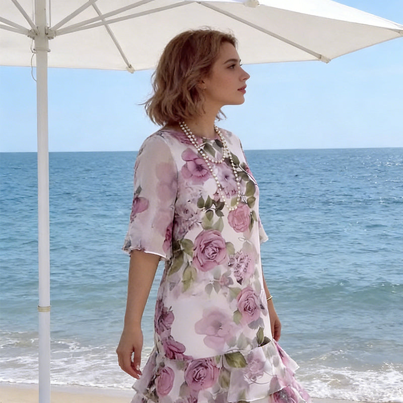 🌸Damenkleid mit Blumenmuster, kurzen Ärmeln und gestuften Rüschen🔥