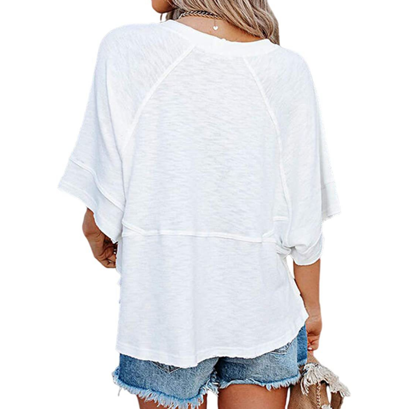 Einfarbiges Patchwork-T-Shirt mit lockeren Fünf-Punkt-Trompetenärmeln