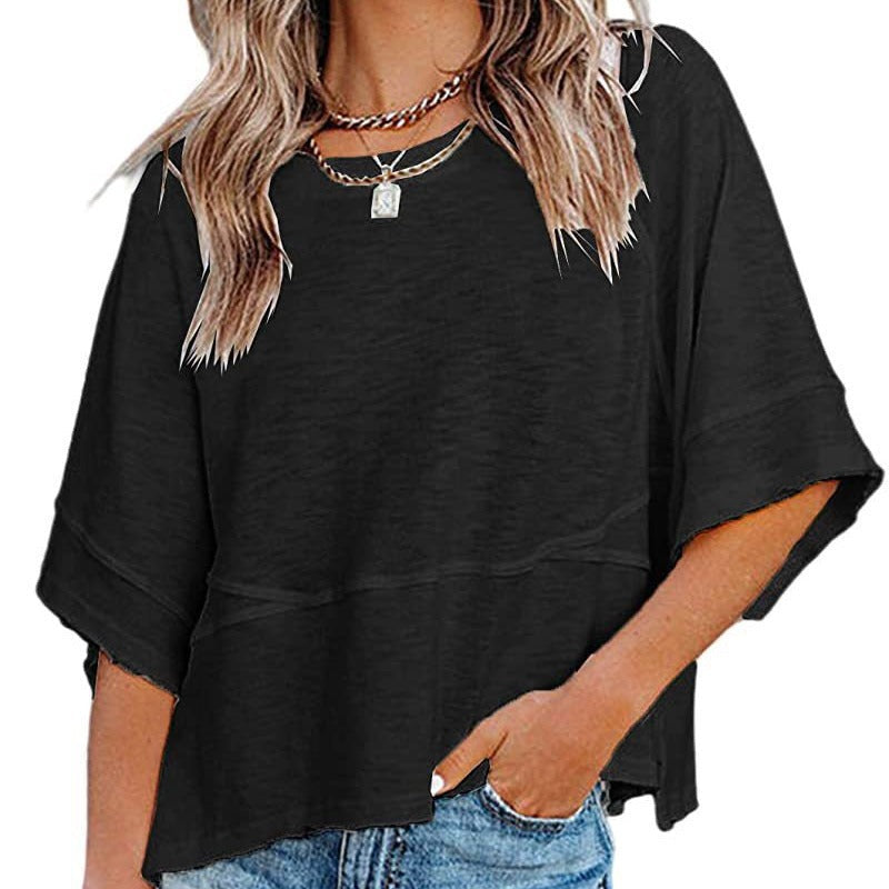 Einfarbiges Patchwork-T-Shirt mit lockeren Fünf-Punkt-Trompetenärmeln
