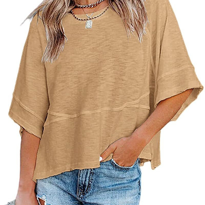 Einfarbiges Patchwork-T-Shirt mit lockeren Fünf-Punkt-Trompetenärmeln