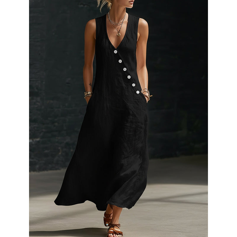 🔥 Ärmelloses Maxikleid für Damen mit V-Ausschnitt und Taschen