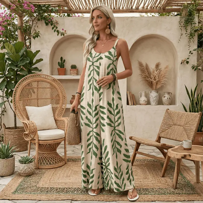 Leichte Freizeit-Jumpsuit für Damen – elegant mit V-Ausschnitt, tropischem Blattmuster & praktischen Taschen – luftig & bequem