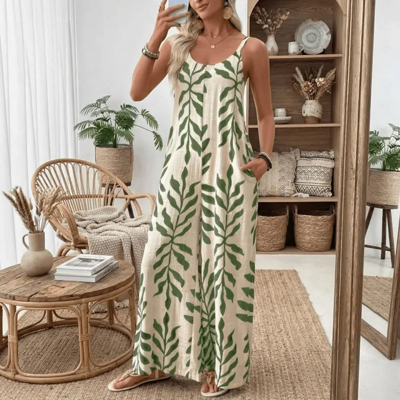 Leichte Freizeit-Jumpsuit für Damen – elegant mit V-Ausschnitt, tropischem Blattmuster & praktischen Taschen – luftig & bequem