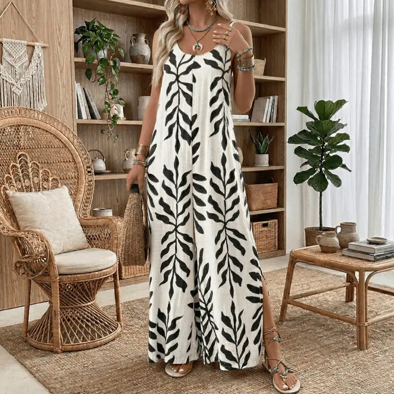Leichte Freizeit-Jumpsuit für Damen – elegant mit V-Ausschnitt, tropischem Blattmuster & praktischen Taschen – luftig & bequem