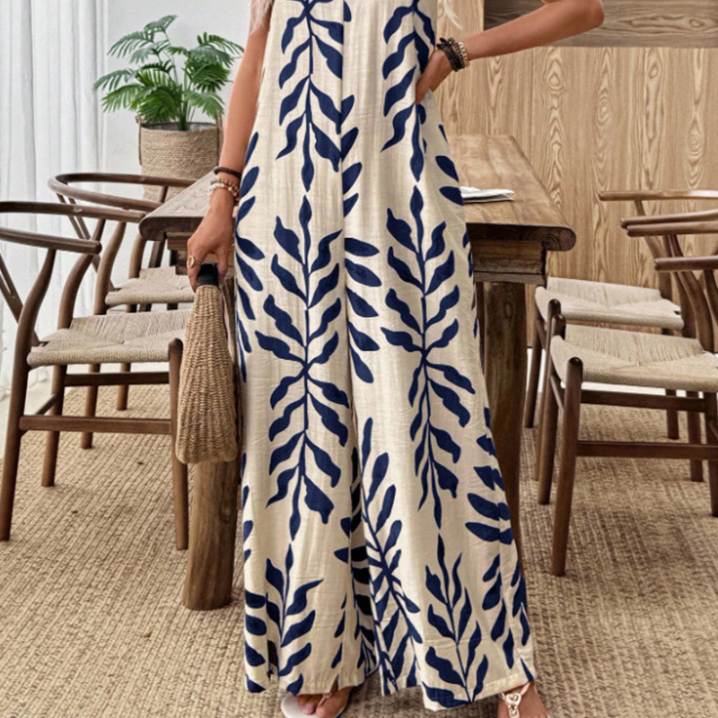 Leichte Freizeit-Jumpsuit für Damen – elegant mit V-Ausschnitt, tropischem Blattmuster & praktischen Taschen – luftig & bequem