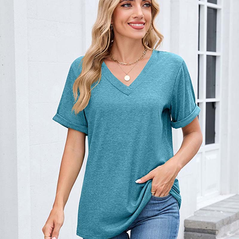 Damen V-Ausschnitt Kurzarm Freizeit-T-Shirt