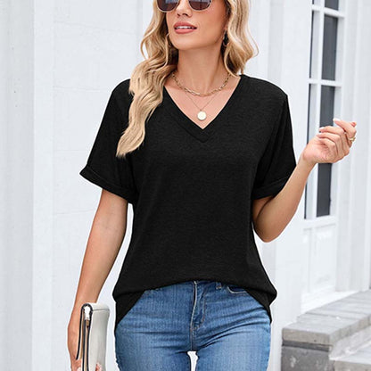 Damen V-Ausschnitt Kurzarm Freizeit-T-Shirt