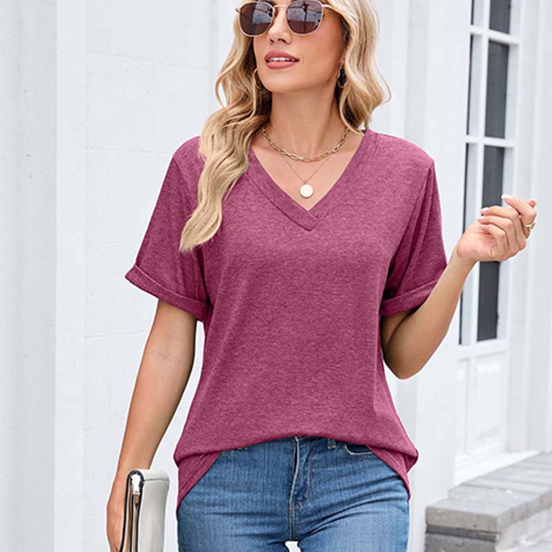 Damen V-Ausschnitt Kurzarm Freizeit-T-Shirt