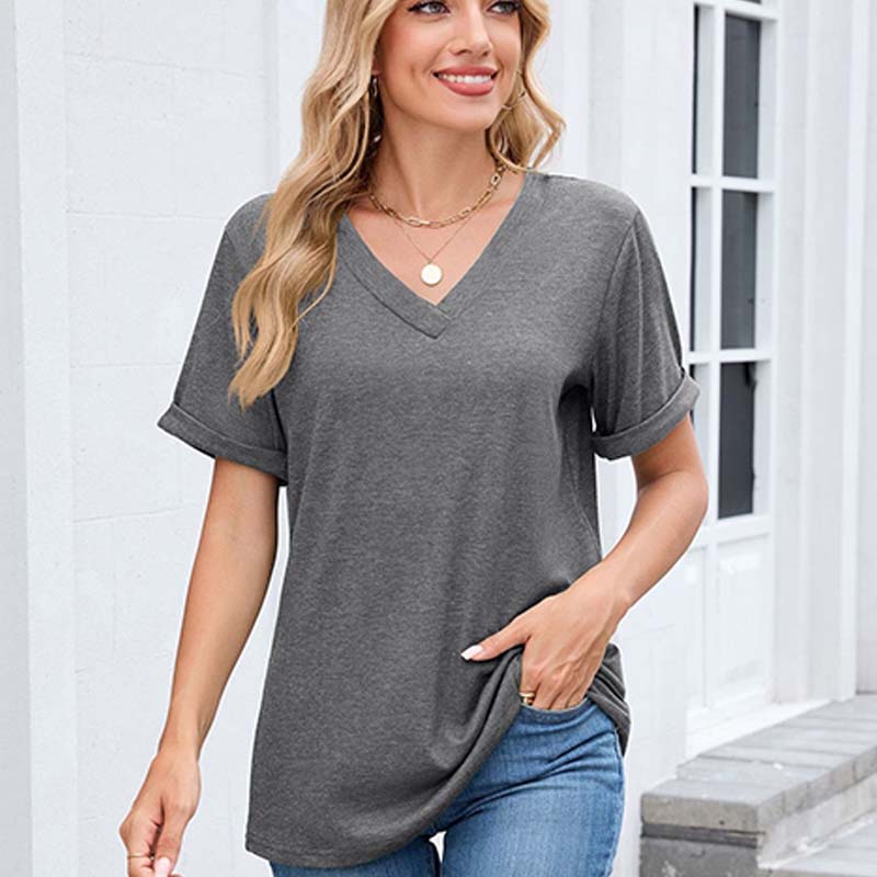 Damen V-Ausschnitt Kurzarm Freizeit-T-Shirt