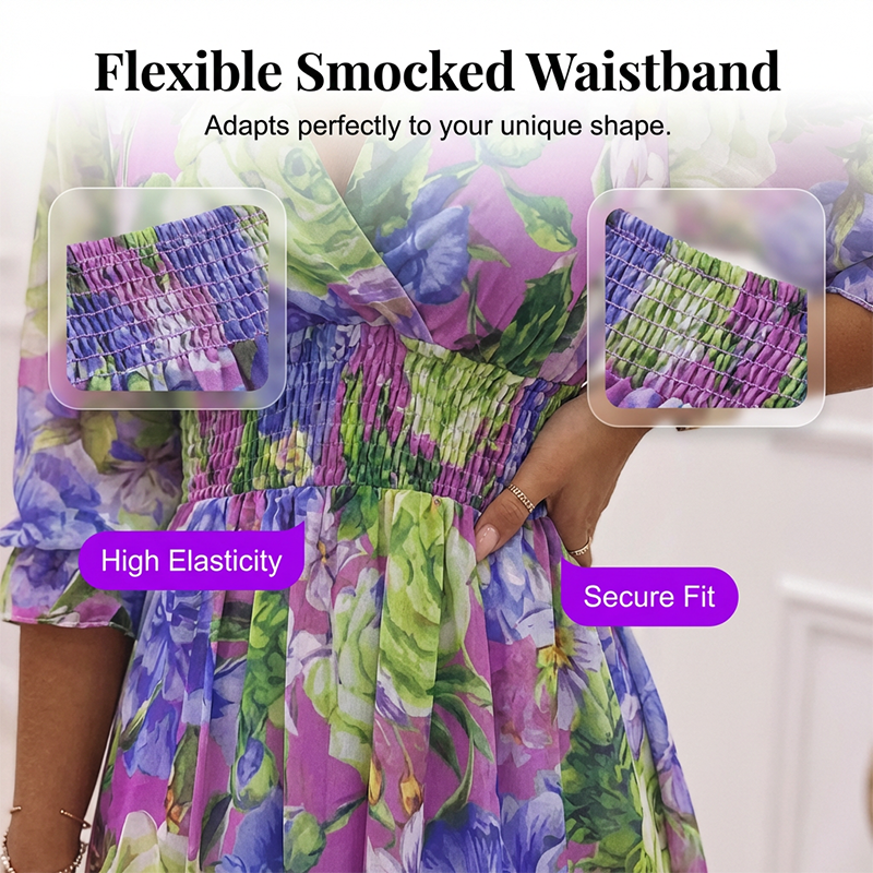 A-Linien Kleid für Damen – V-Ausschnitt, Blumenmuster, Rüschensaum – luftig & feminin – ideal für Frühling & Sommer🌷👗