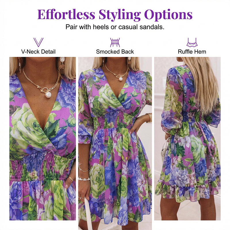 A-Linien Kleid für Damen – V-Ausschnitt, Blumenmuster, Rüschensaum – luftig & feminin – ideal für Frühling & Sommer🌷👗