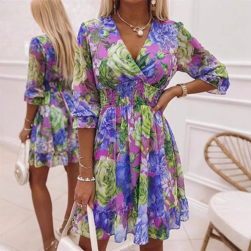 A-Linien Kleid für Damen – V-Ausschnitt, Blumenmuster, Rüschensaum – luftig & feminin – ideal für Frühling & Sommer🌷👗