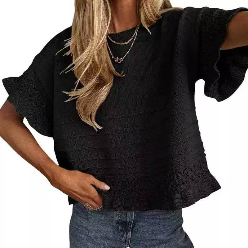 🌸 Kurzärmeliges Strickoberteil mit Rüschen für Damen ✨